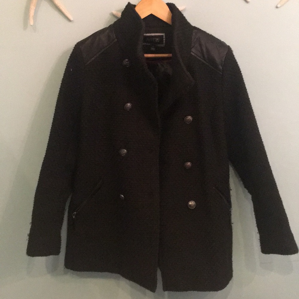 Dark green coat with faux leather shoulder patches